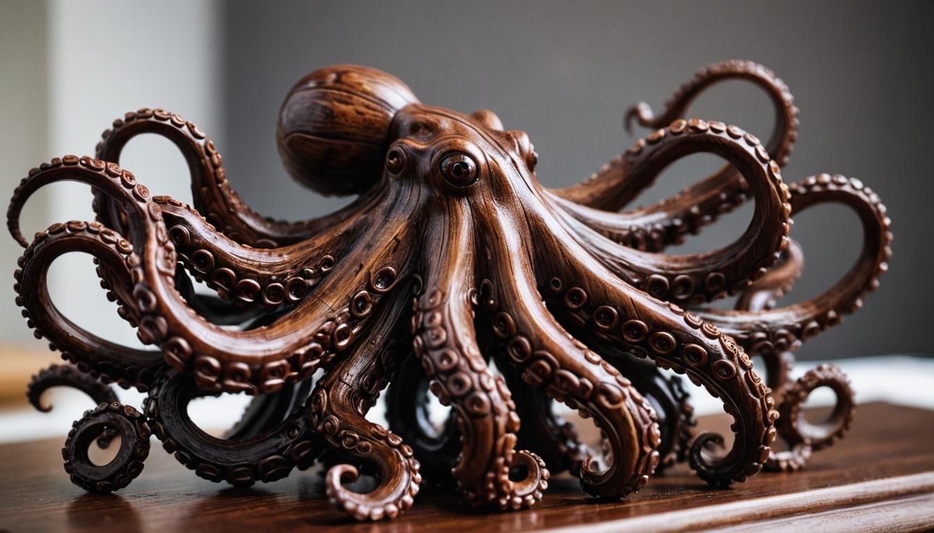 Intricately Carved Wooden Octopus Figurine Sculpture
