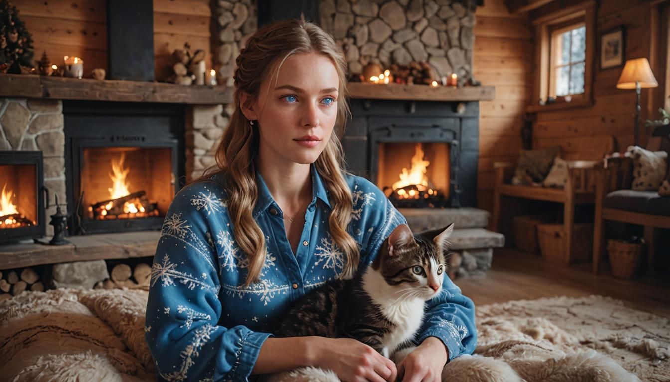 Woman with Kitten in Mountain Chalet