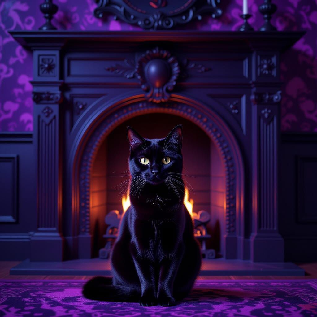 Black Cat Before Gothic Fireplace in Purple Room