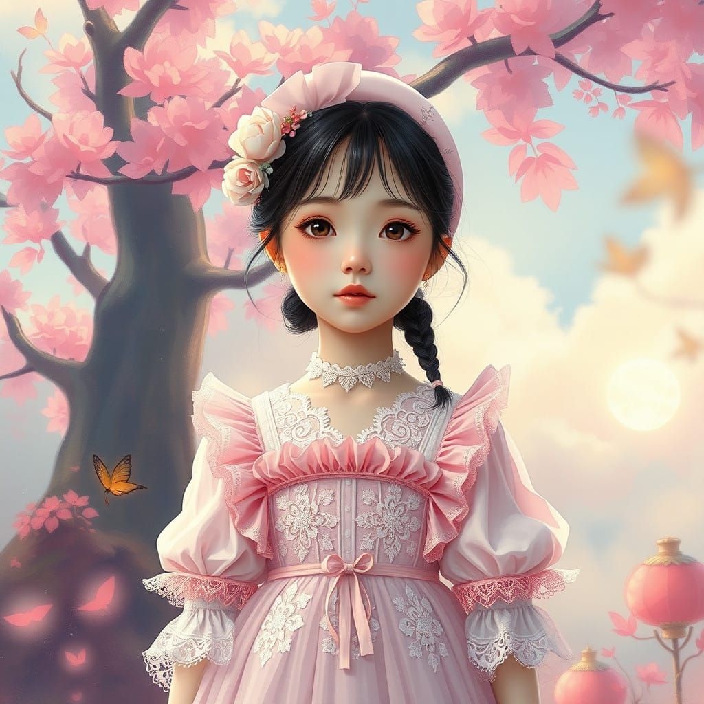 Japanese Lolita Girl in Whimsical Fantasy Landscape