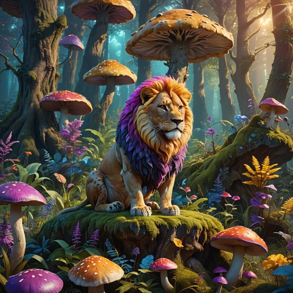 Cute Lion in Forest Fantasy Concept Art