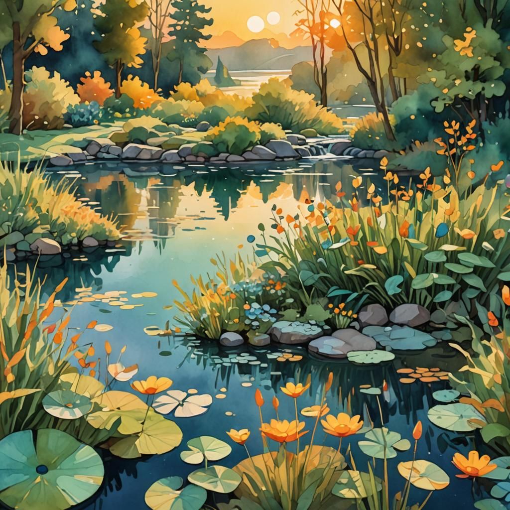 Spring Sunset Landscape in Digital Watercolor Style