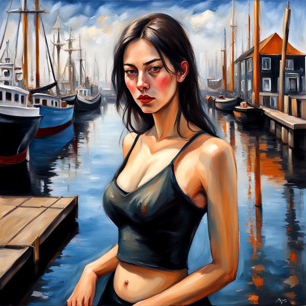 Volendam Port: Gothic Oil Painting of a Beautiful Woman