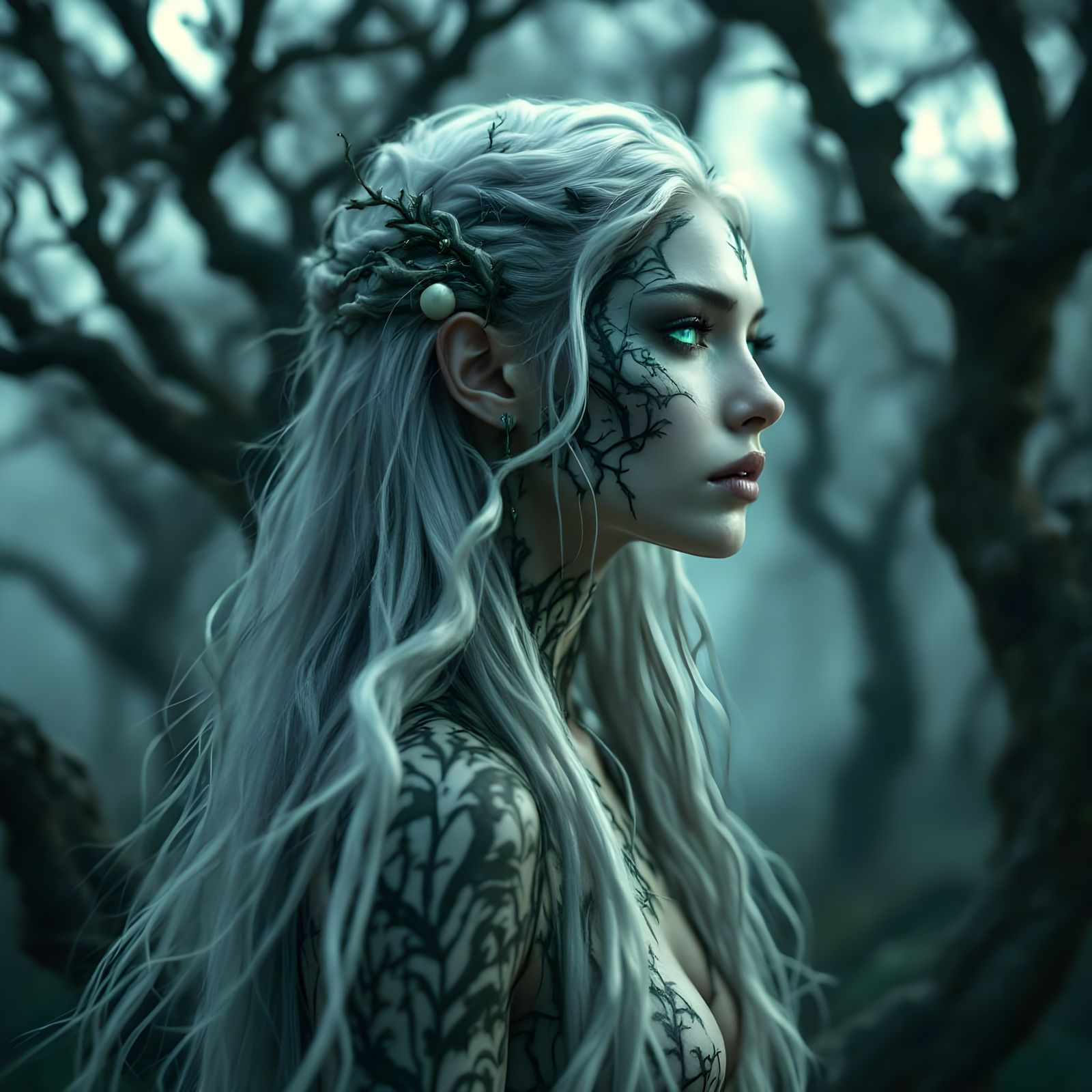 Ethereal Fairy Woman in Moonlit Forest