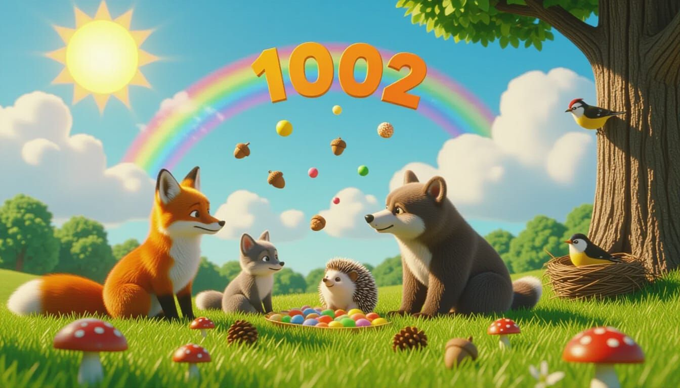 Enchanted Forest Animals Play in Falling Sweets