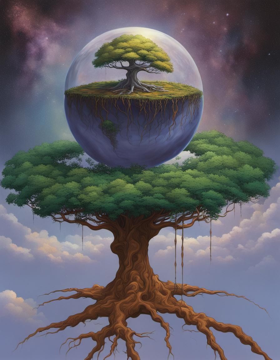 Surreal Tree Holds Planet in Melting Oil Style