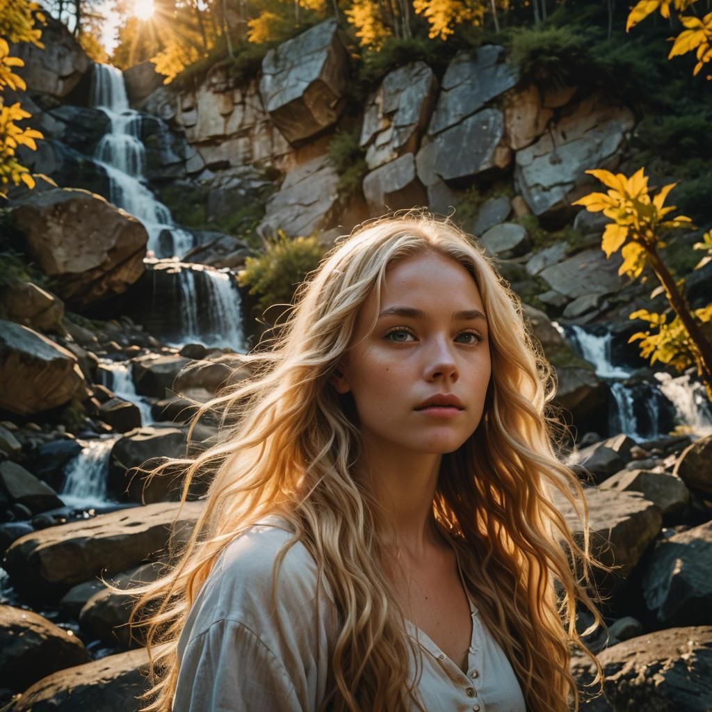 Blonde Beauty Beneath Waterfall at Sunset
