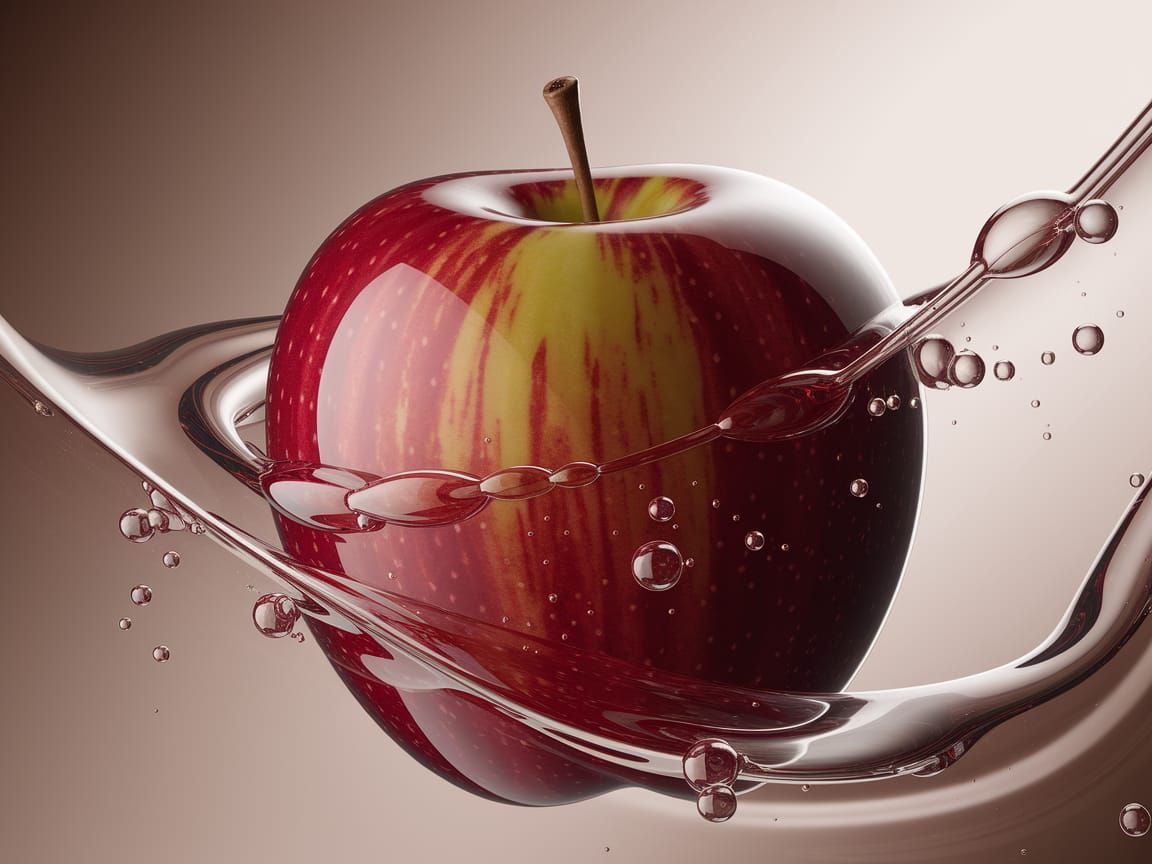Hyper-Realistic Red Apple in Swirling Liquid