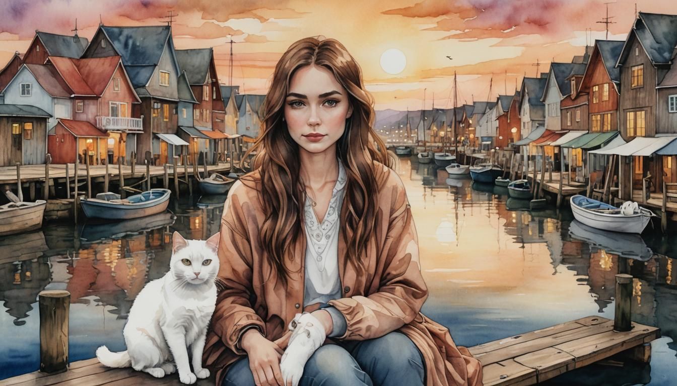 Woman and Cat at Sunset: Watercolor Painting