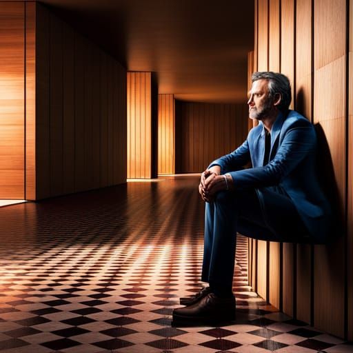 Hyperrealistic Man Sitting Against Wood Paneling