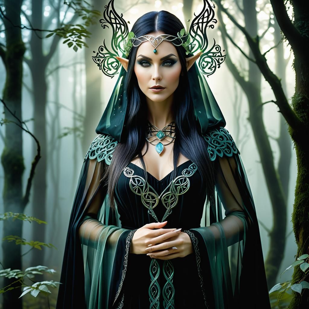 Elven Sorceress in Mystical Forest Double Exposure