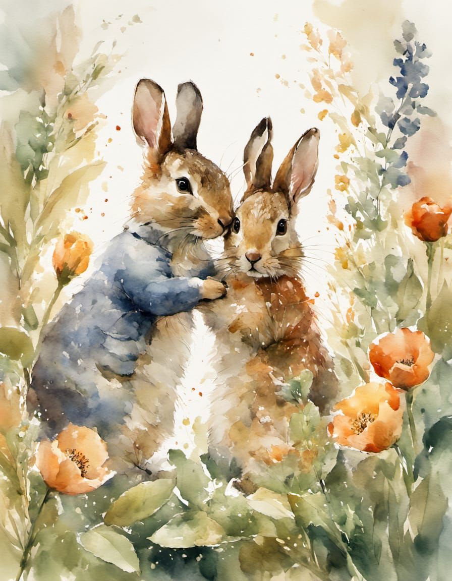 Watercolor Portrait of Tender Embrace in Vibrant Blooms