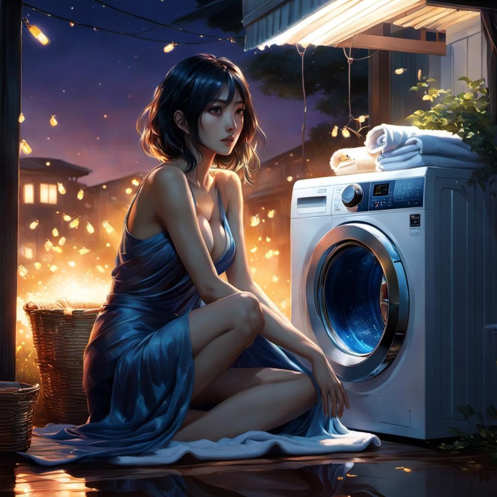 Anime Woman with Washing Machine at Night
