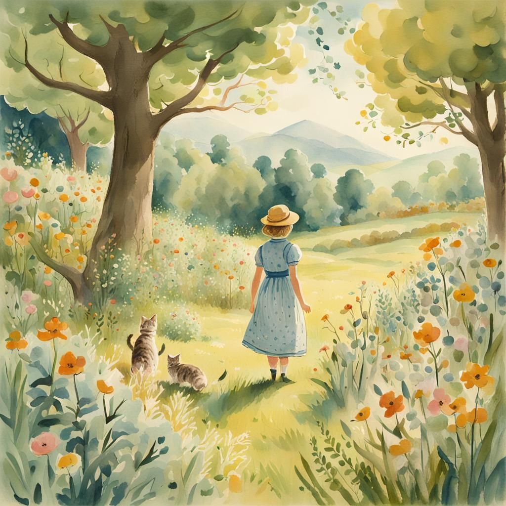 Woman Herding Cats in Whimsical Gouache Illustration