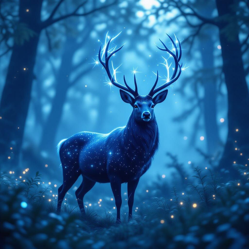 Celestial Deer with Starlight Antlers in Bioluminescent Fore...