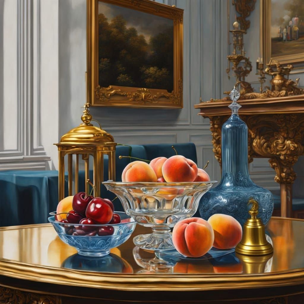 Still Life: Golden Bell, Fruit, and Cherries in Glass Bowl