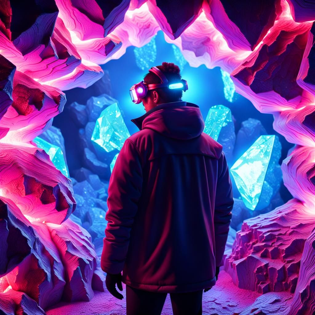 Exploring a Giant Geode with Neon Lights in Cyberpunk Style