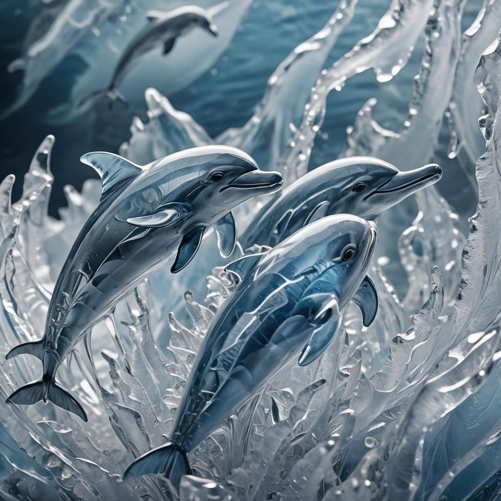 Frozen Crystal Dolphins Sculpture in Icy Waves