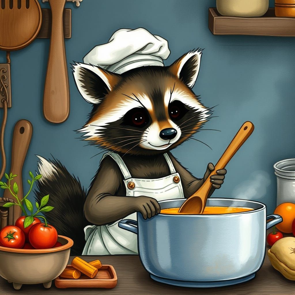 Whimsical Chef Raccoon in Vibrant Kitchen