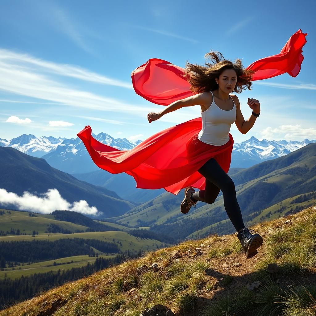 Woman Chasing Red Dress in Mountain Landscape
