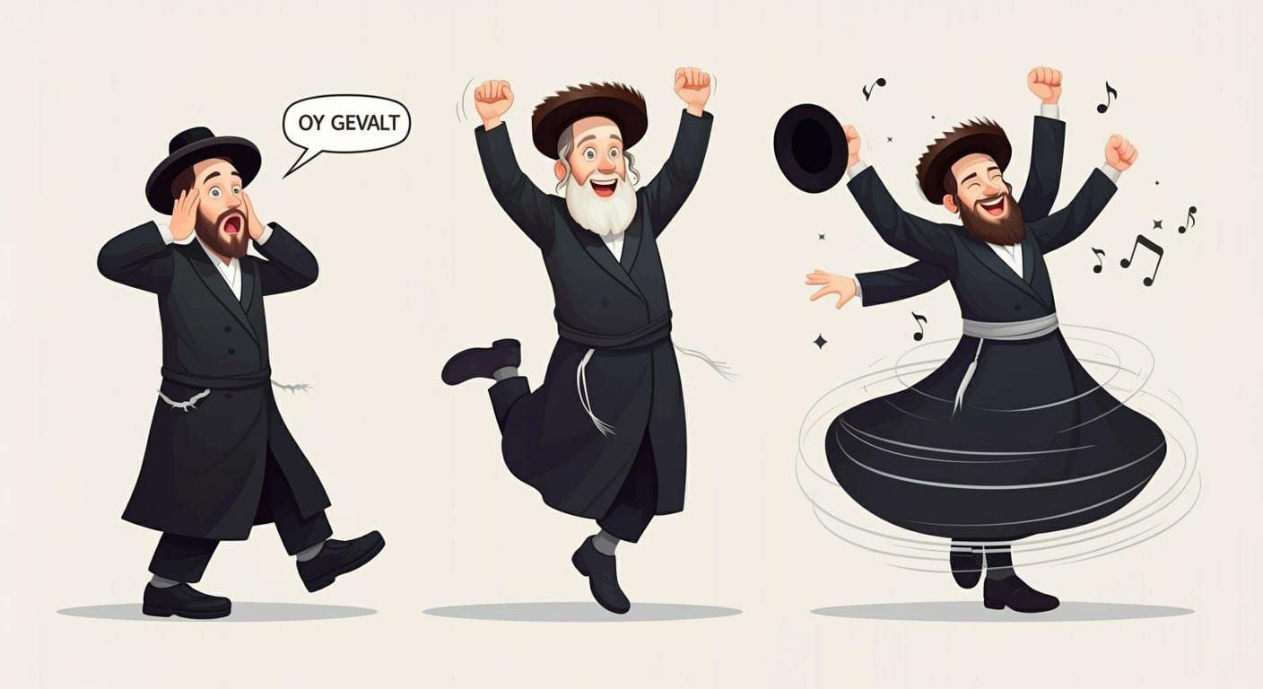 Ultra-Enthusiastic Hasidic Characters Leaping with Joy in Ca...
