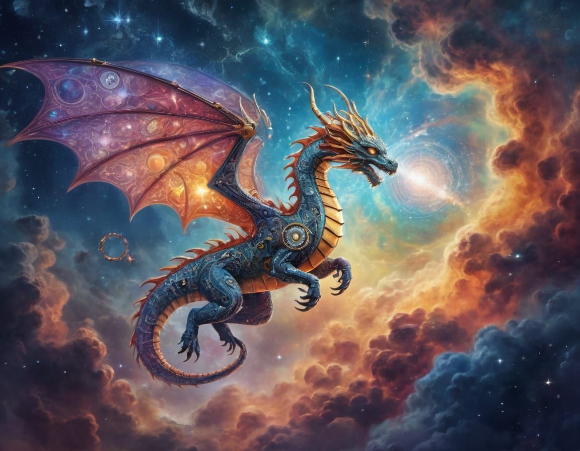 Celestial Clockwork Dragon Soaring Through Nebula