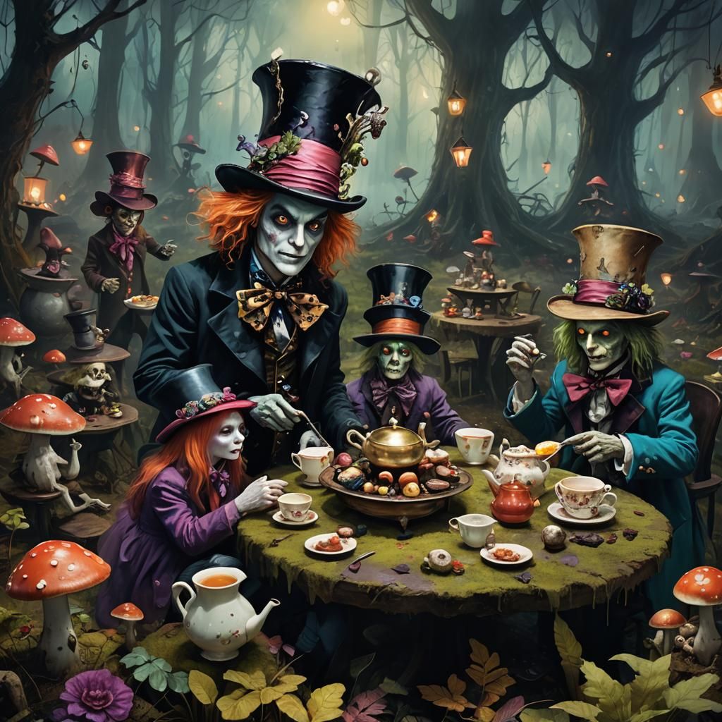 Zombie Mad Hatter Tea Party in Oil Painting Style