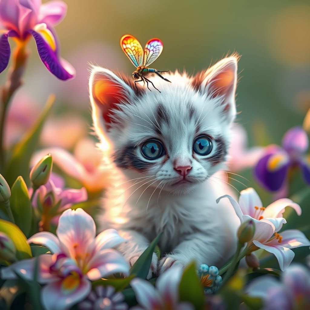 Whimsical Garden Scene with Kitten and Dragonfly