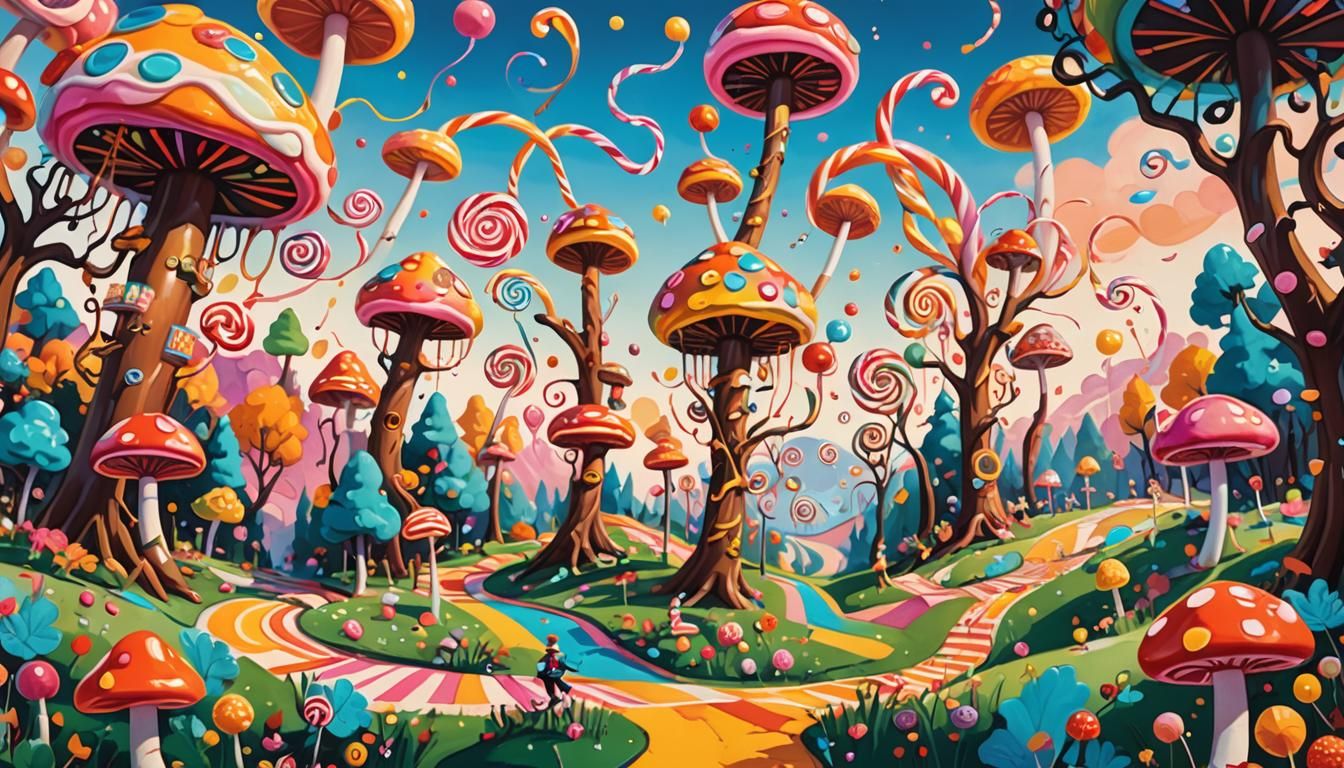 Candyland Pogo Stick in Surrealist Gouache Art