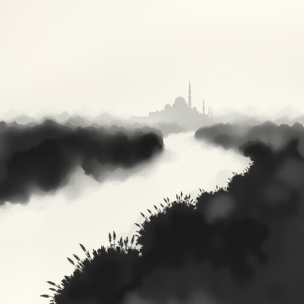 Minimalist Dark Landscape with Lavender River