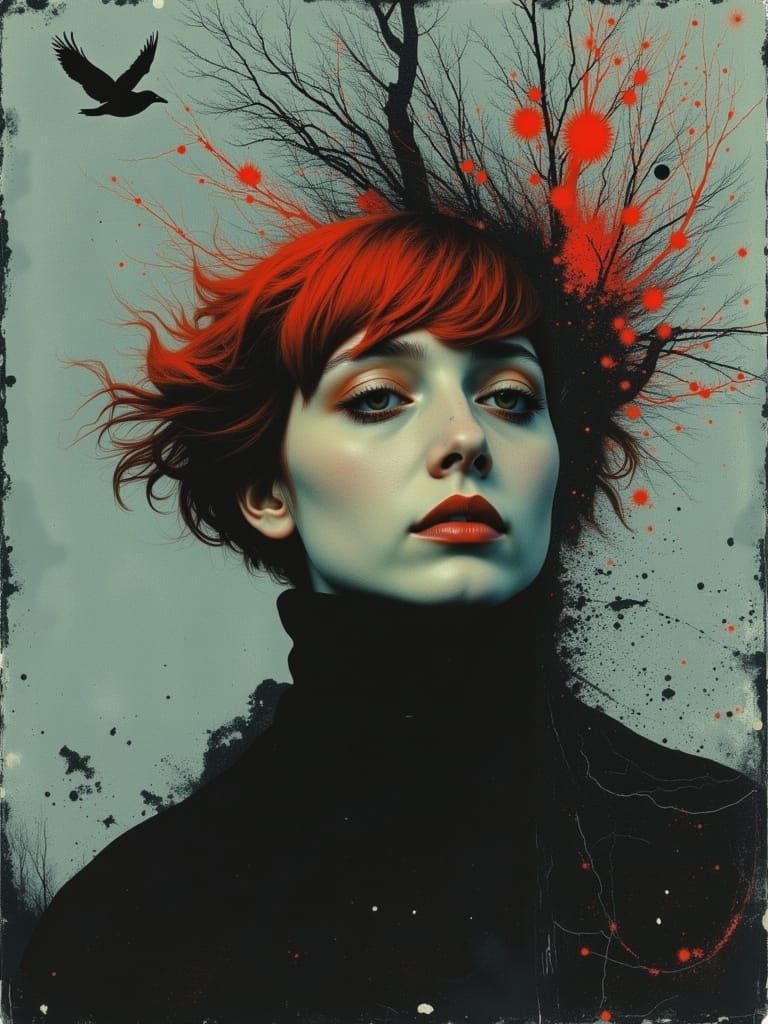 Ethereal Gothic Woman with Red Hair in Dreamcore Style