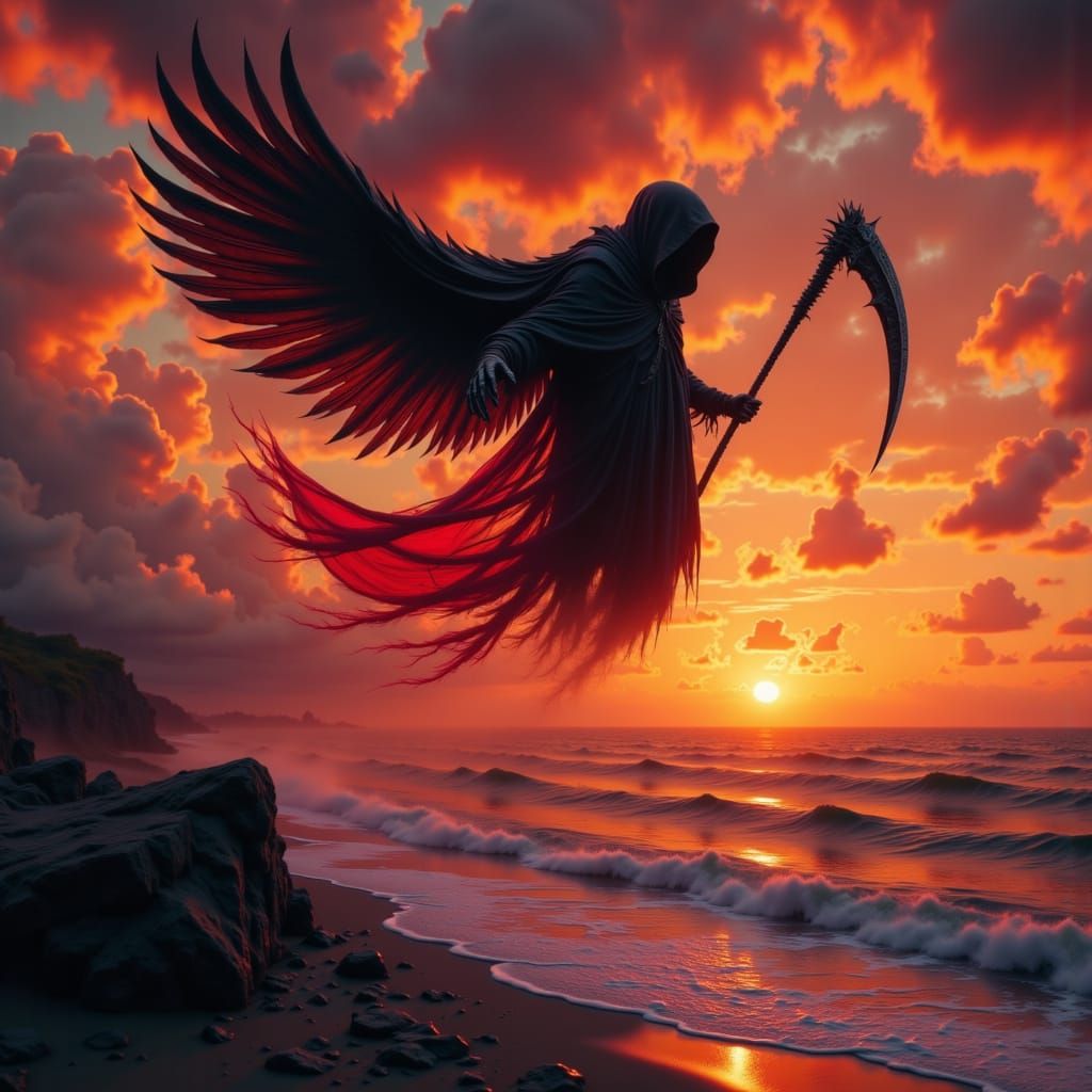 Majestic Grim Reaper Soars Through Sunset Hues in Dark Fanta...