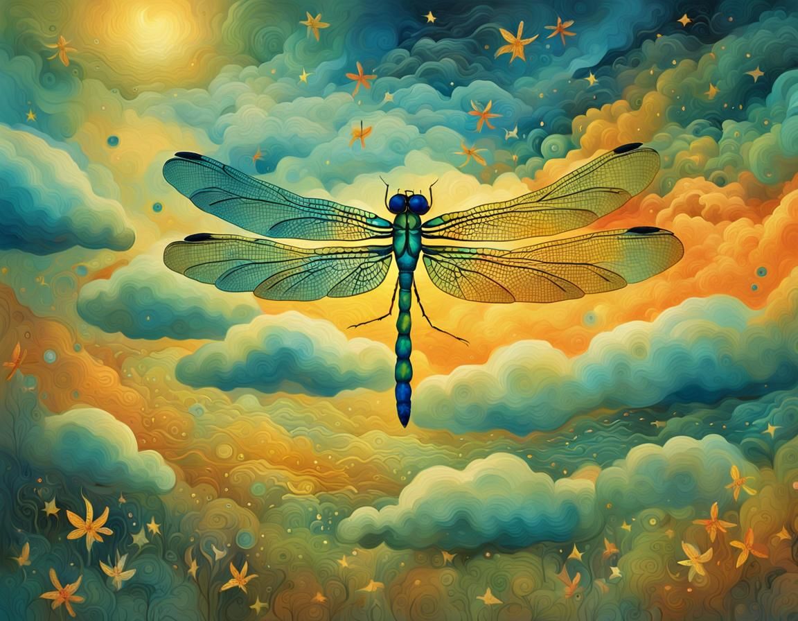 Dragonfly in Expressionist Dreamscape with Celestial Clouds