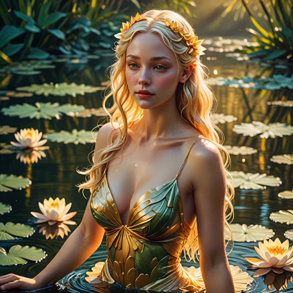 Naiad Nymph Touches River in Digital Art Style