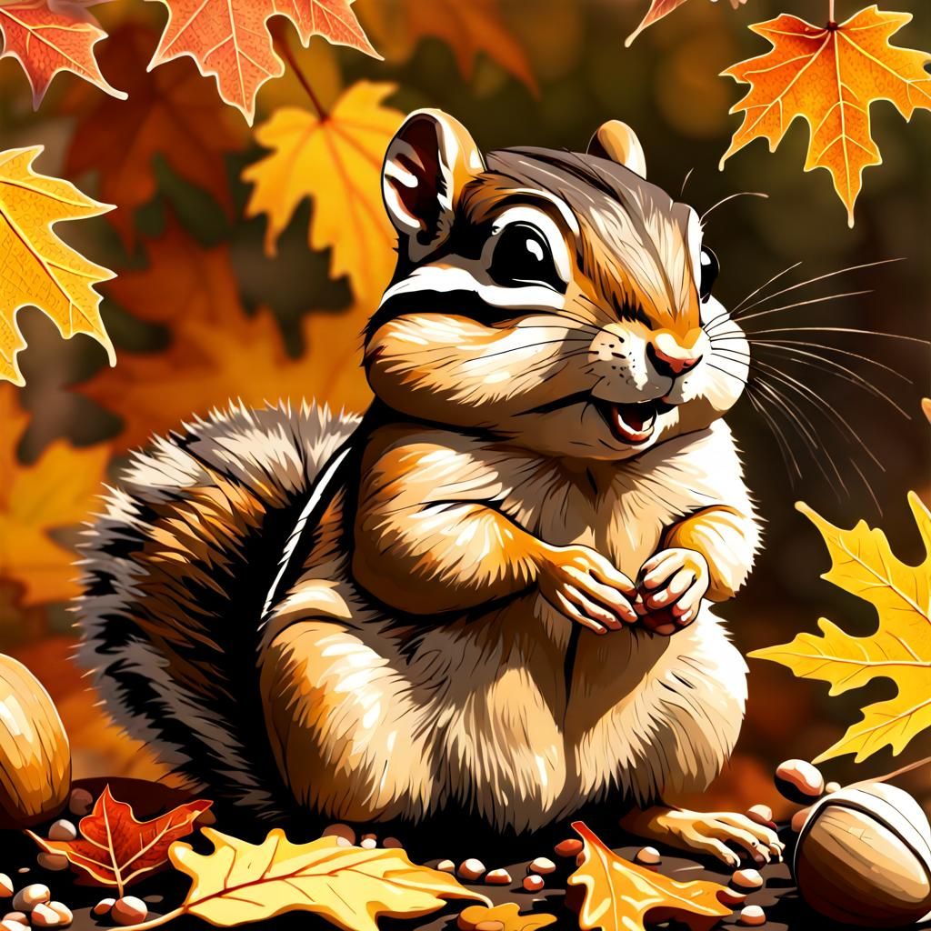 Chipmunk Storing Acorns in Autumn Leaves