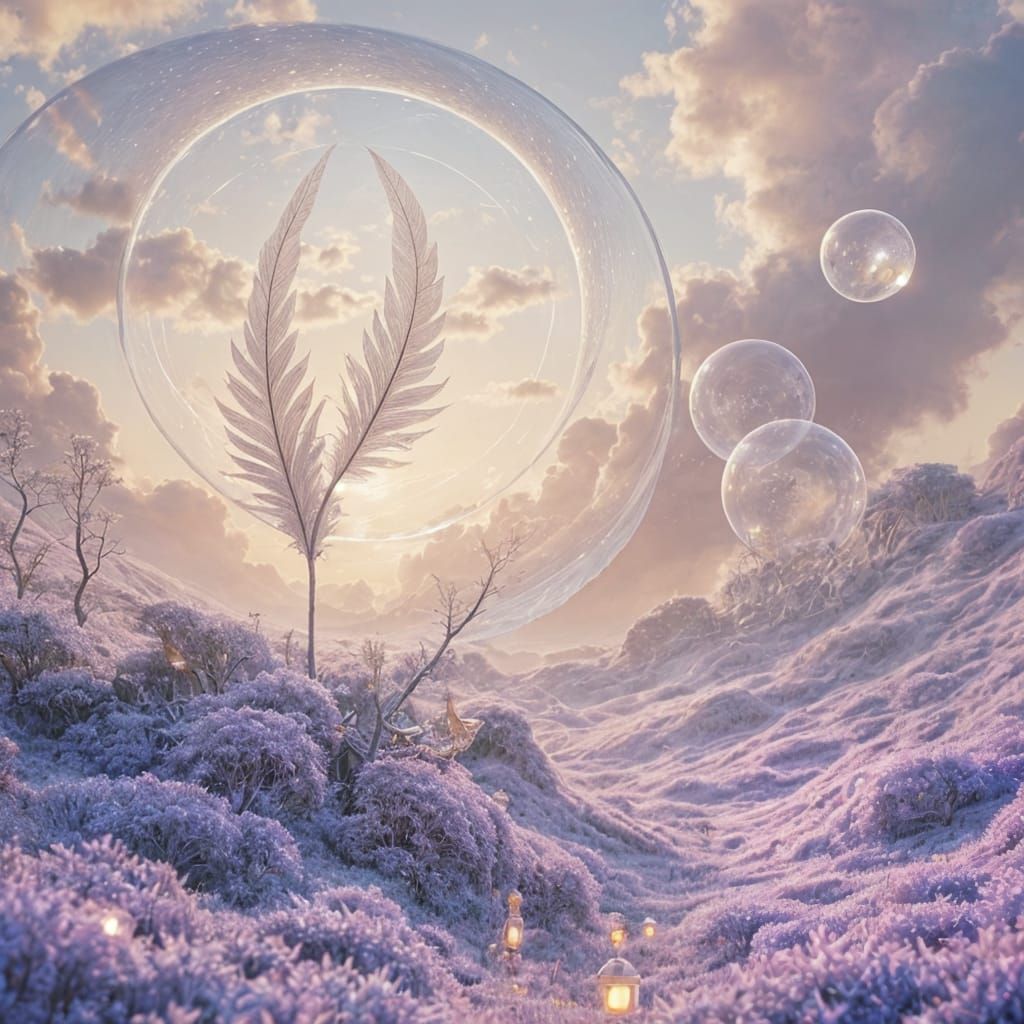 Surreal Dreamscape with Iridescent Bubbles and Moonlit Cage