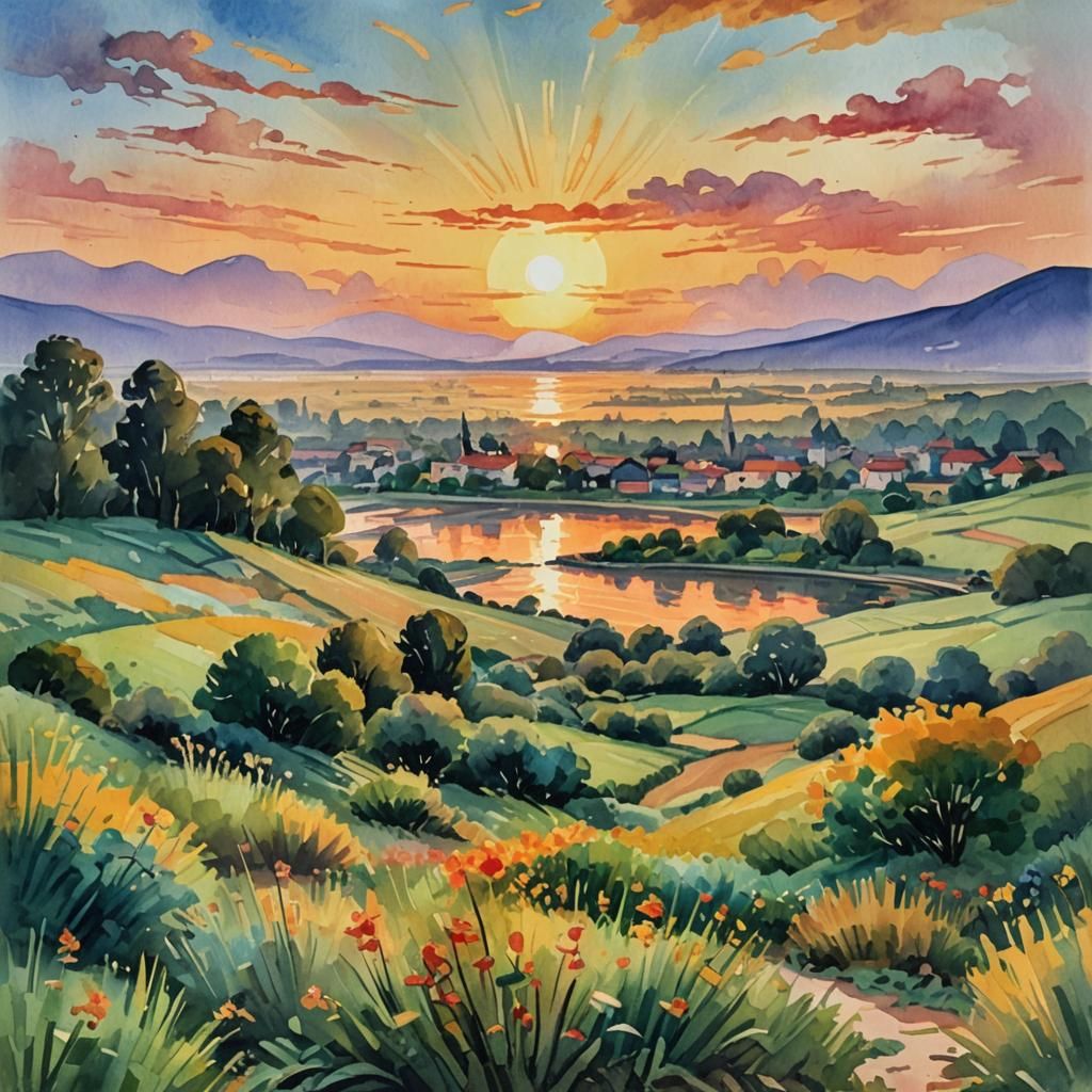 Sunrise Gouache Impressionist Masterpiece in Watercolor Styl...