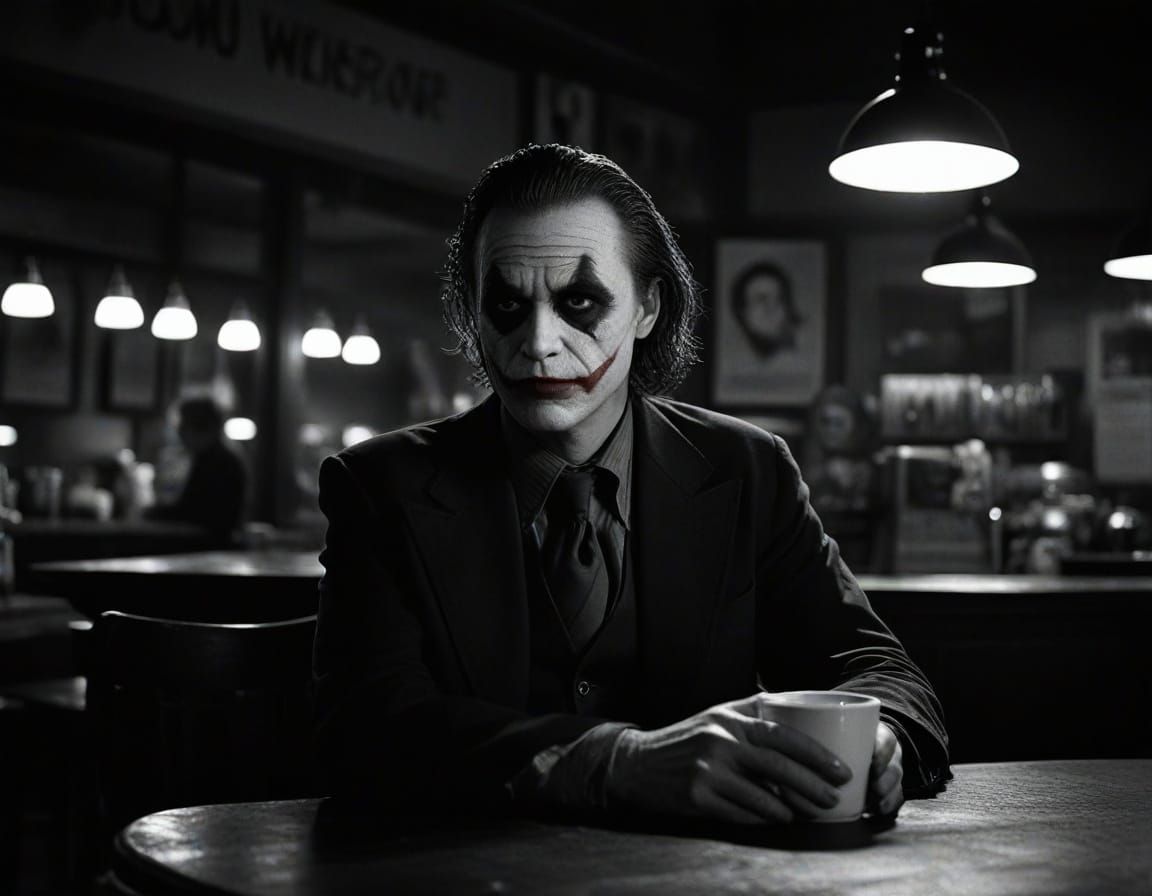 Joker Sipping Coffee in Gothic Gotham Cafe