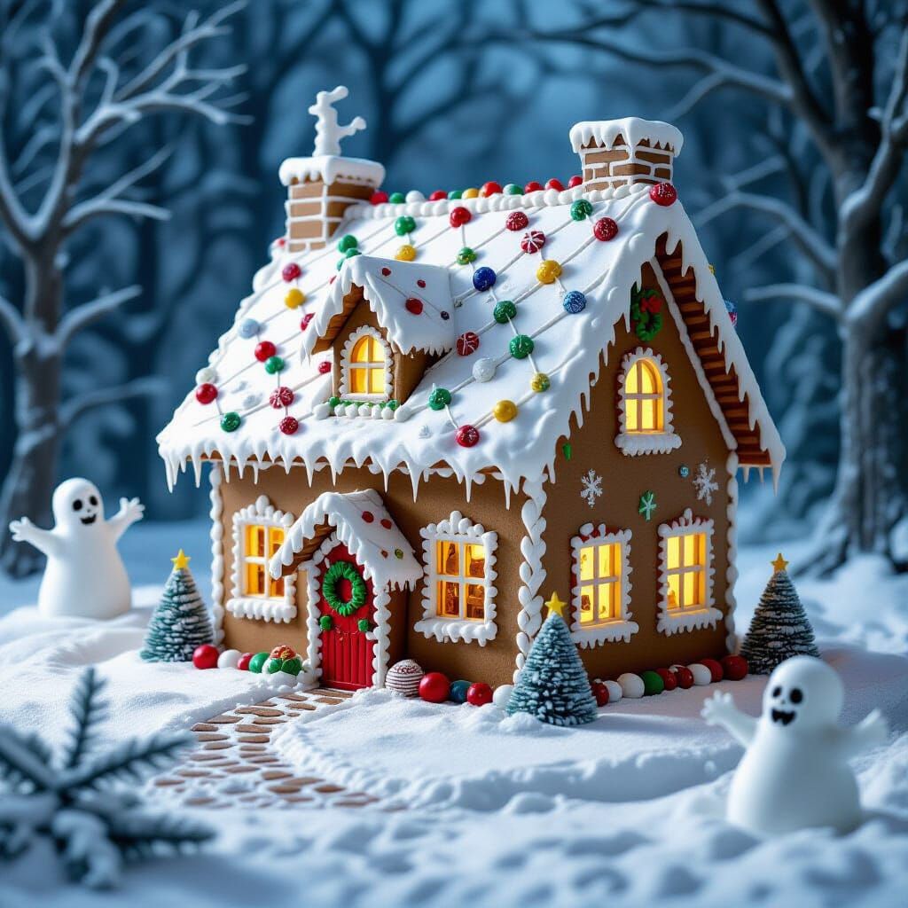 Creepy Gingerbread House in Snowy Forest with Ghosts