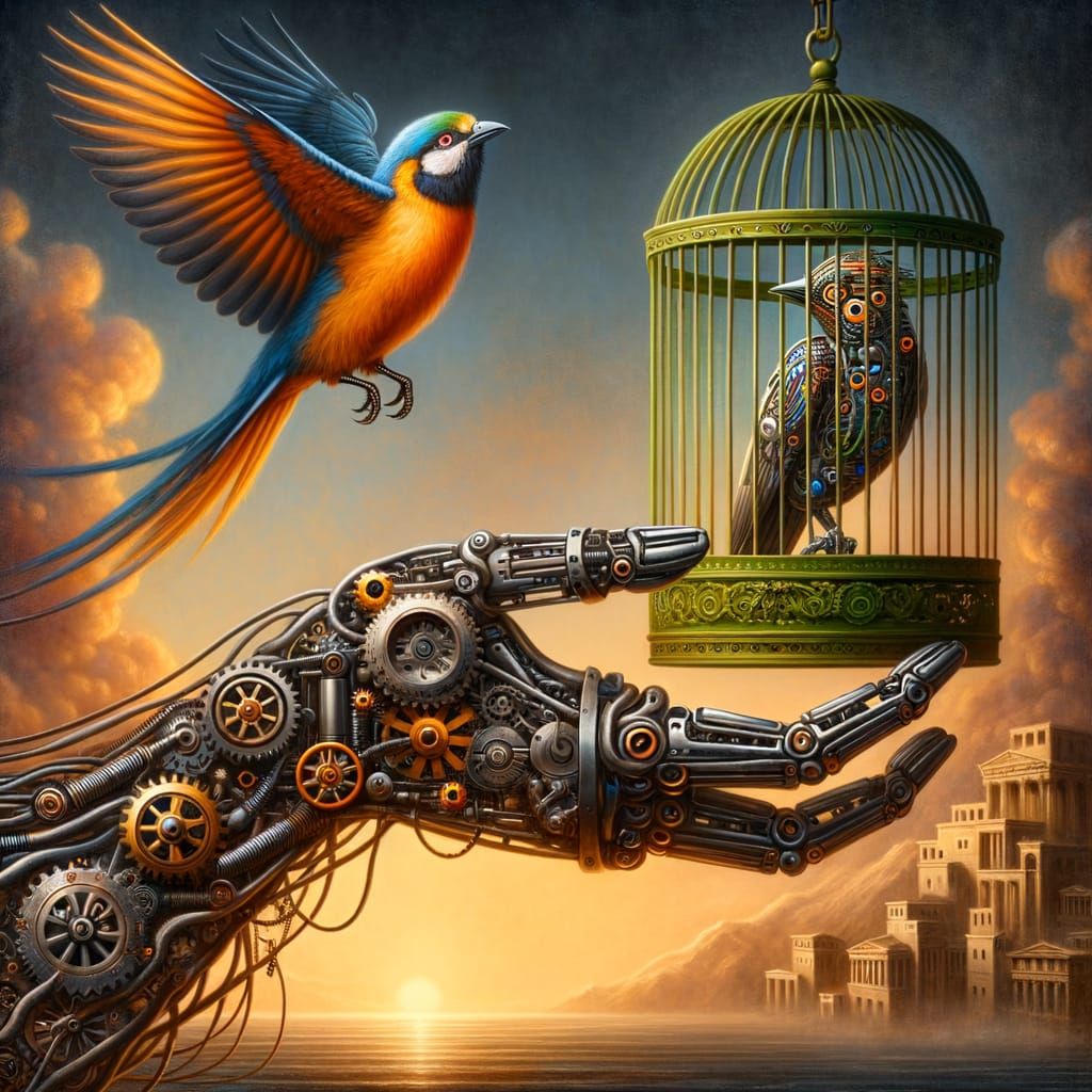 Steampunk Arm with Bird and Mechanical Cage