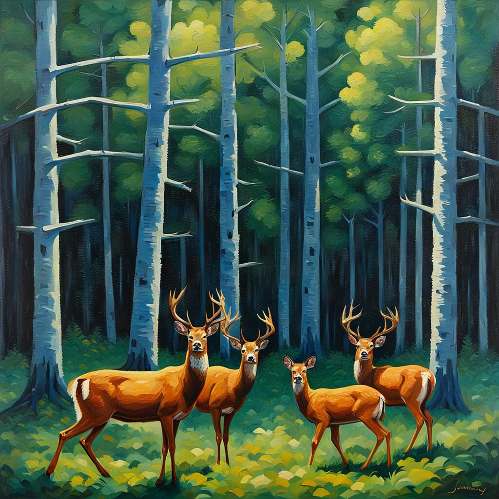 Five-Headed Deer in Forest, Oil Painting Style