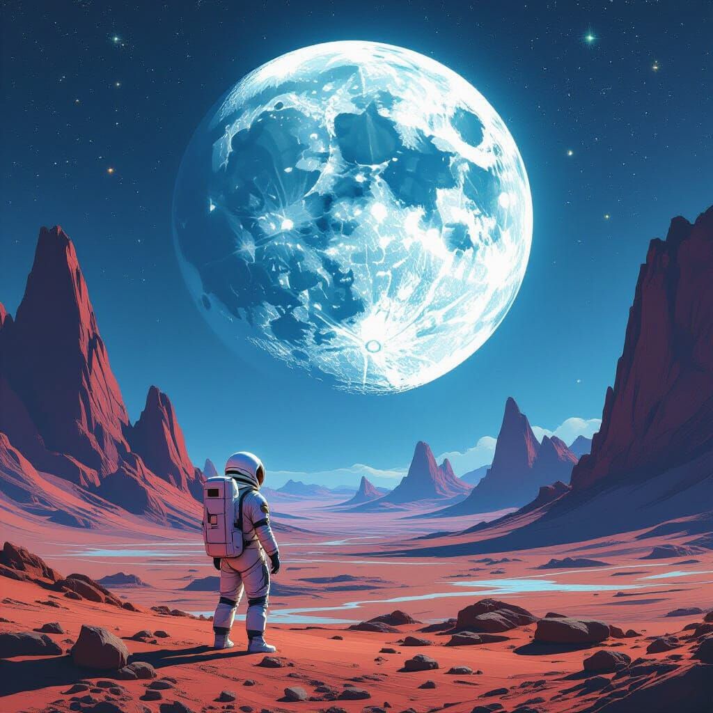 Astronaut Gazes at Crystalline Moon on Alien Planet