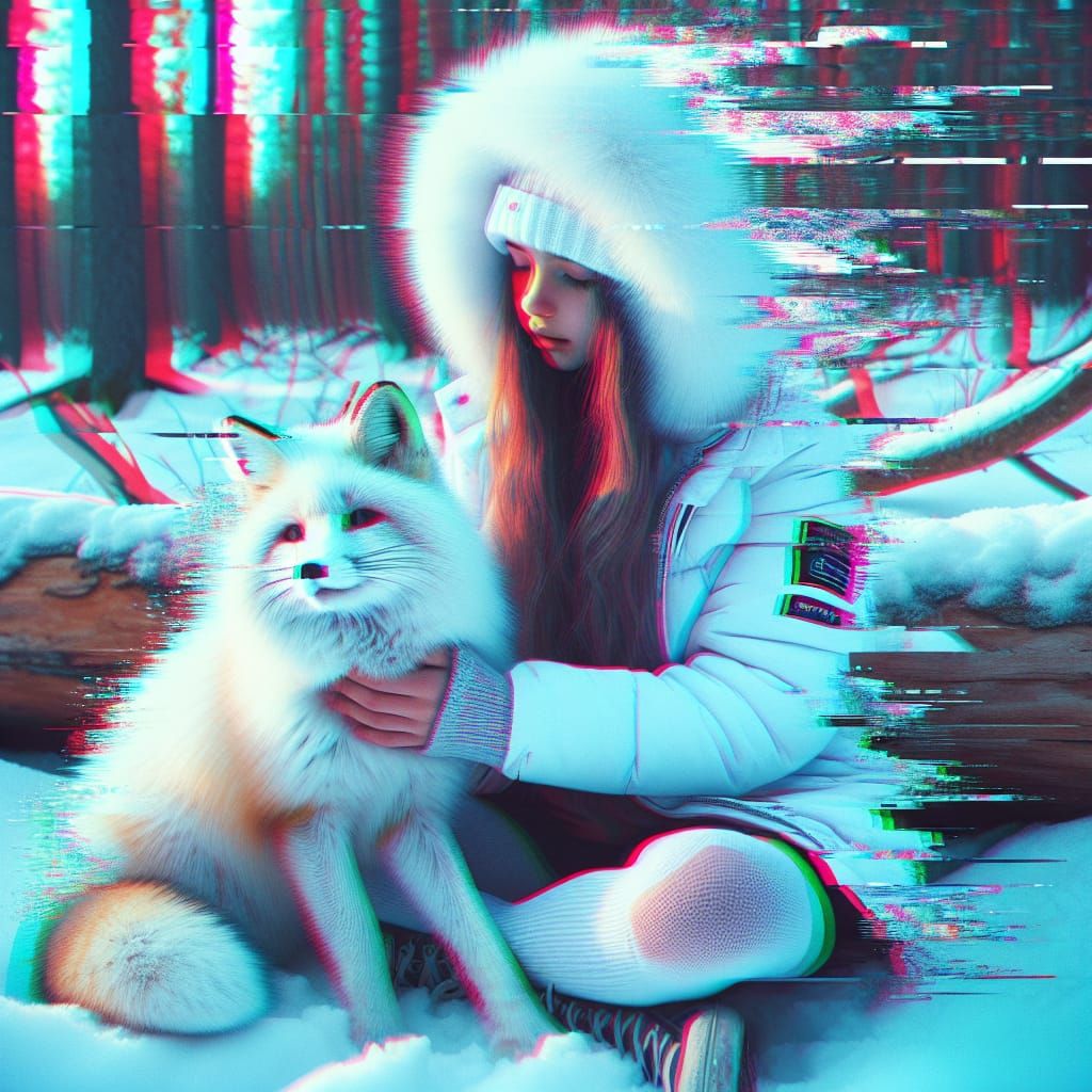 Glowing Teenage Girl in Snowy Glitch Art Scene
