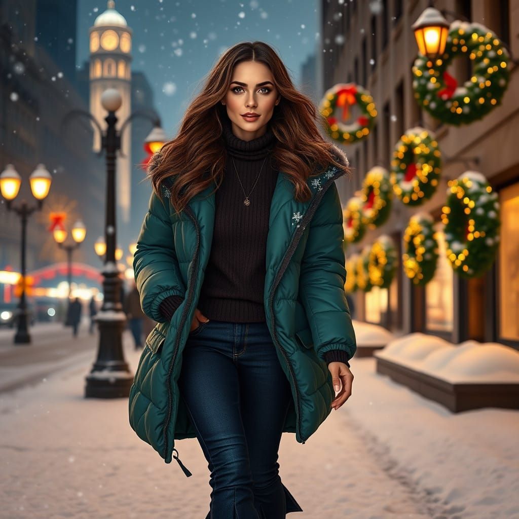 Elegant Woman Walks Through Winter Wonderland in Luxurious F...