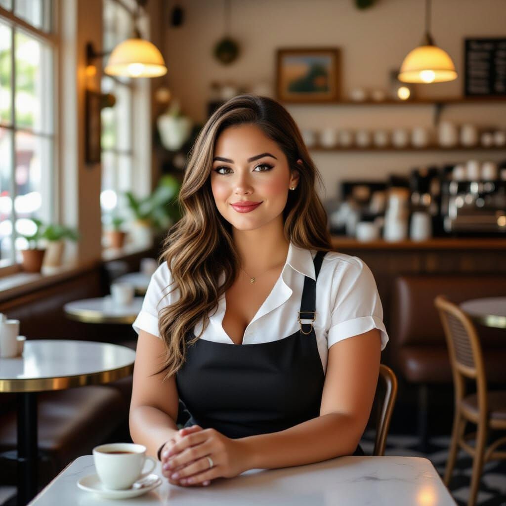 Plus-Size Waitress in Cafe, Inspired by Vibrant Art Styles