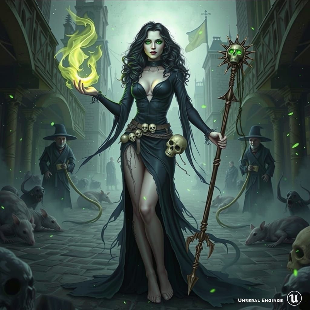 Plague Sorceress Conjuring Toxic Flame in a Dark Fantasy Sce...