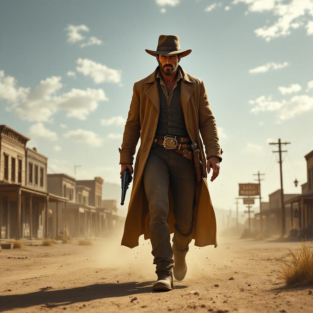 Gritty Gunslinger Strides Through Forgotten Frontier Town