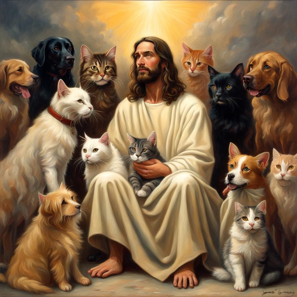 Jesus in Heaven with Animals: Oil Painting