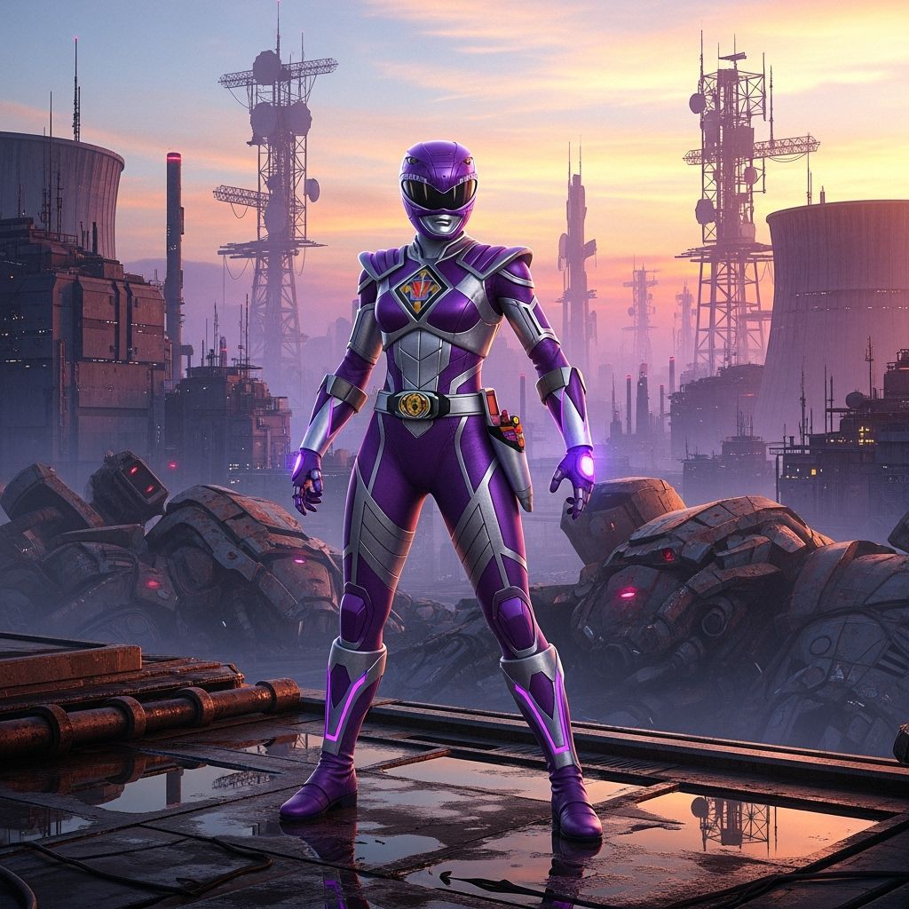 Heroic Purple Power Ranger in Sci-Fi Cityscape