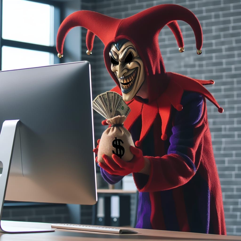 Greedy Jester Grinning in Digital Workspace